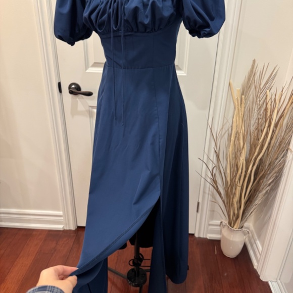 Navy Puff Sleeve Lined Maxi Dress with Slit - Picture 3 of 5